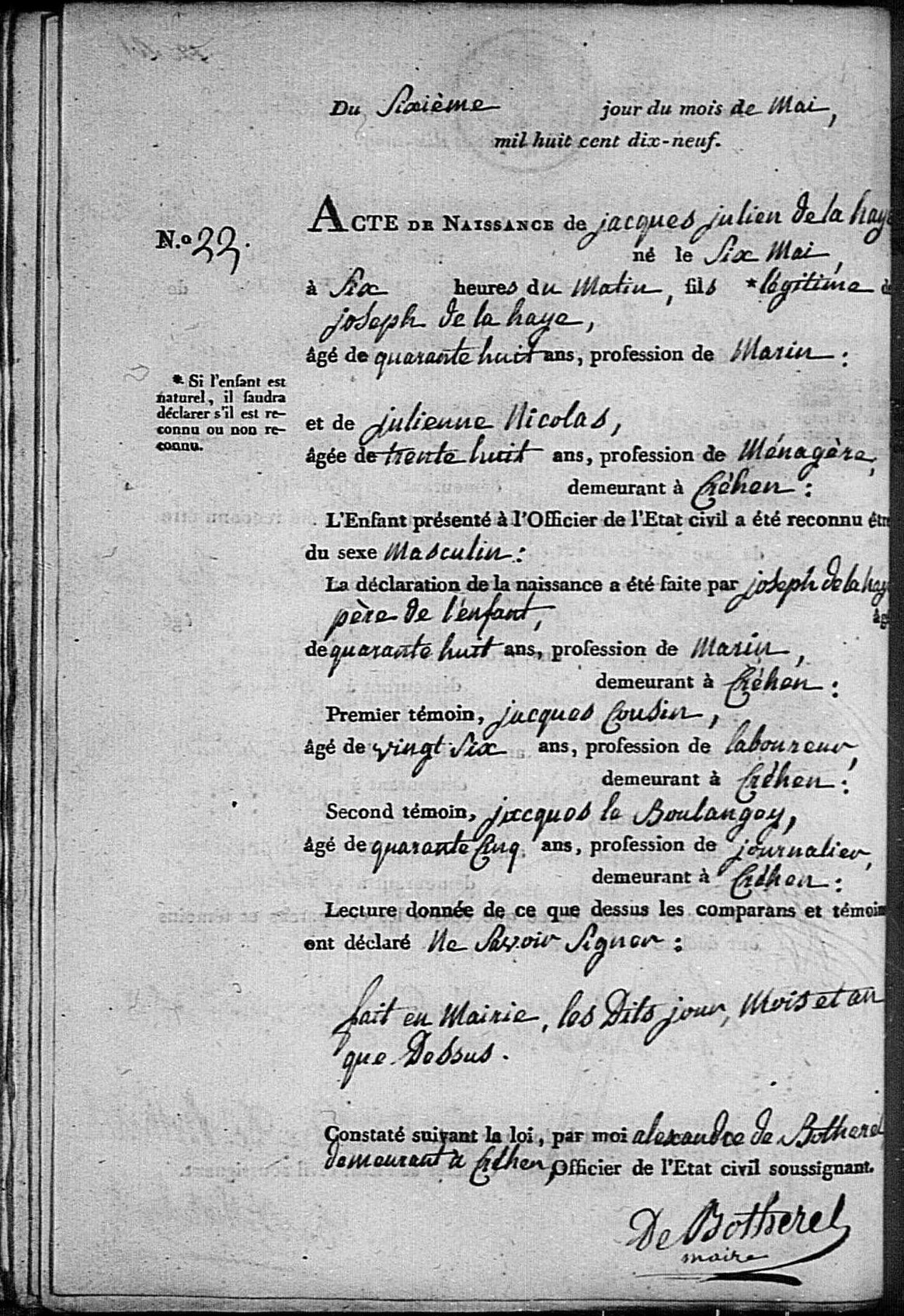 Acte de naissance de Jacques Julien De La Haye à Créhen le 6 mai 1819.