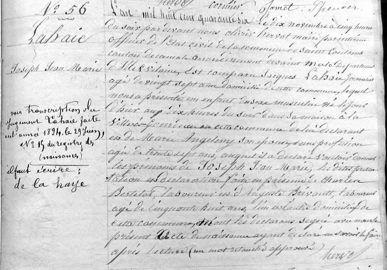 Acte de naissance de Joseph Jean Marie De La Haye le 9 novembre 1846 à Saint Coulomb. Archives départementales d'Ille et Villaine.